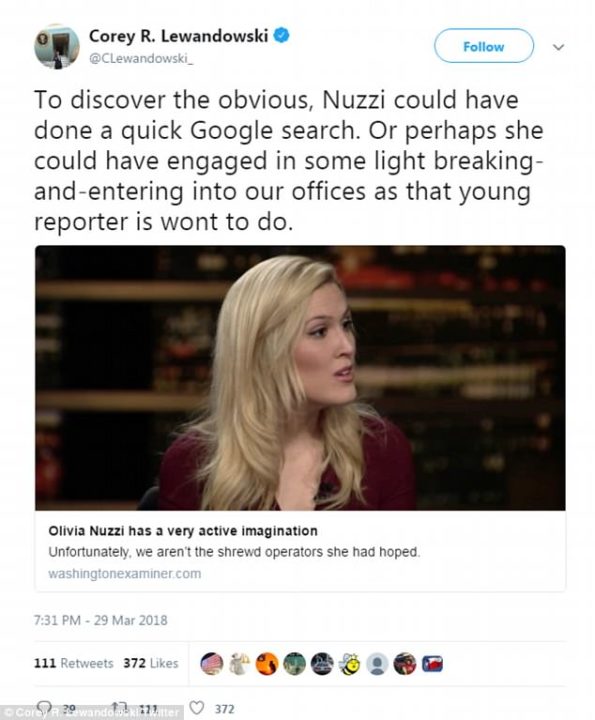 Corey Lewandowski tweeted about Olivia Nuzzi again Thursday night, criticizing another story she wrote and saying it could have been improved by her engaging in some 'light breaking-and-entering'Â 