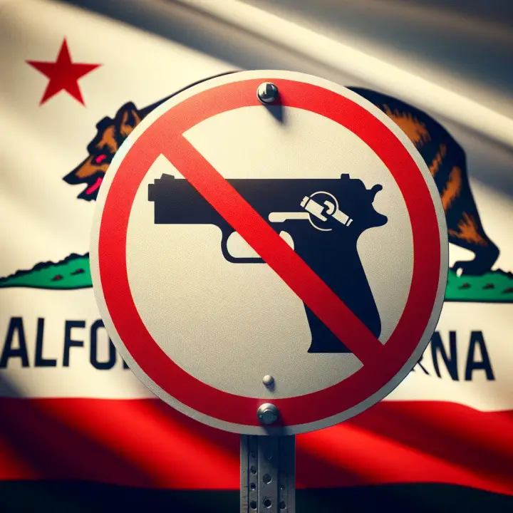 DALL E 2024 01 01 15 44 26 An Abstract And Symbolic Image   DALL·E 2024 01 01 15.44.26 An Abstract And Symbolic Image Representing Californias Ban On Concealed Carry Firearms. The Image Features A Sign With A Crossed Out Handgun Symbol 